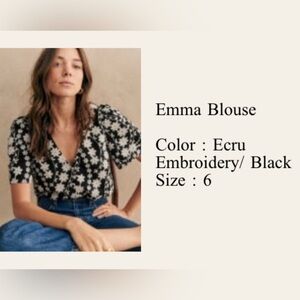 Sezane Emma Blouse - Ecru with Black Embroidery, Size 38/6